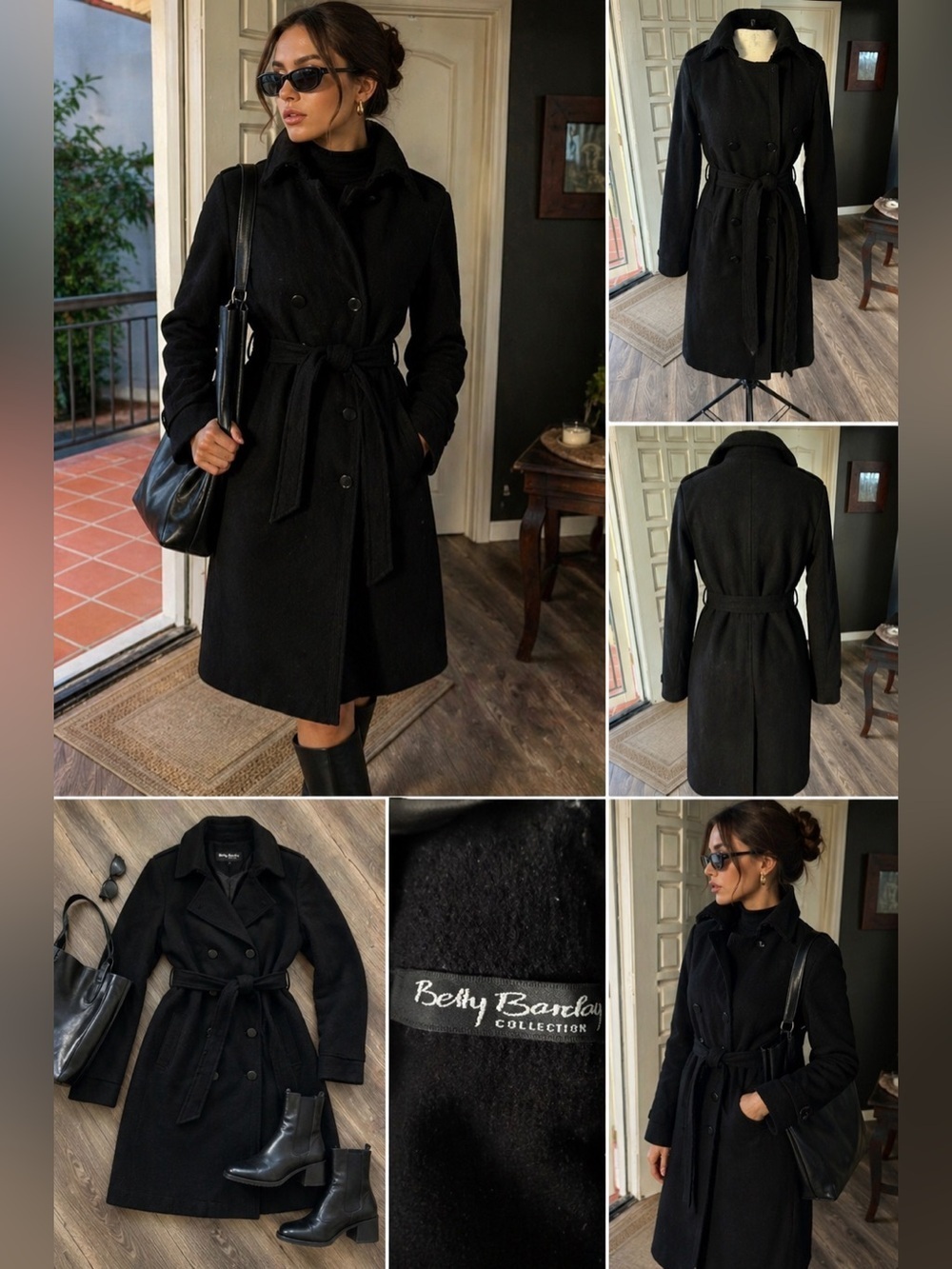 Betty Barclay Black Wool Blend Belted Coat Double Breasted Classic EU Chic